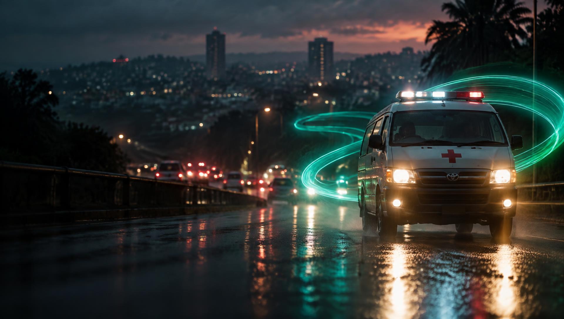 Ambulance on a rain-soaked road with signal light trails